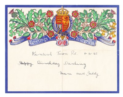 Ett födelsedagshälsningstelegram, c.1942 (färg litho) av English School