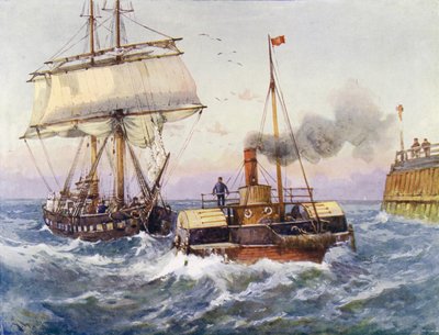 En brigg bogseras in i hamn (färg litho) av English School