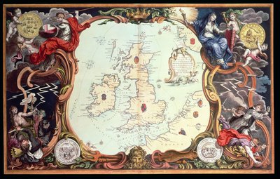 Ett diagram som visar de olika aktionsplatserna mellan den engelska och spanska flottan, med platserna där flera av de spanska fartygen förstördes när de återvände till Spanien, publicerad 1739, av John Pine (handfärgad gravyr) av English School