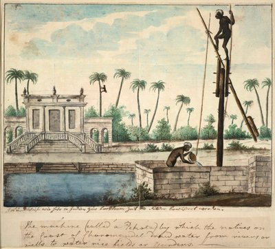 En kolonial trädgård som visar bevattning, ca 1787 (akvarell på papper) av English School