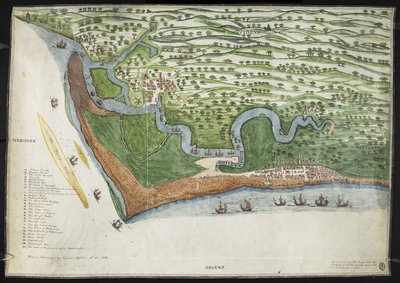 En färgad faksimilkopia av ett fågelperspektiv eller ett diagram över Suffolks kust från Alderton till Aldborough, inklusive Orford Ness (vellum) av English School