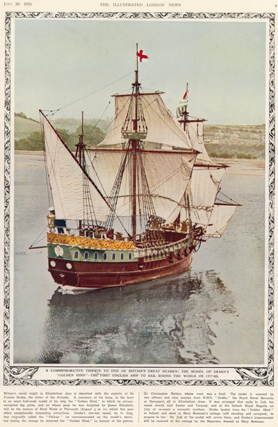 En minneshyllning till en av Storbritanniens stora sjömän: modellen av Drakes Golden Hind, det första engelska fartyget som seglade jorden runt 1577-80, från The Illustrated London News Royal Naval och Mi av English School