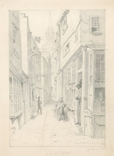 En domstol eller passage nära St Martins Church, London, juli 1828 av English School