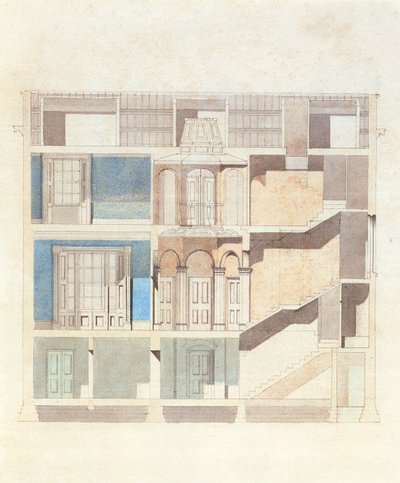 En tvärsnittsdesign för en klassisk radhusinteriör, ca 1840 (wc med penna och bläck) av English School