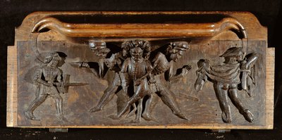 En skadad misericord som föreställer tre män som slåss med dolkar och svärd, New College Chapel, Oxford, sent 1300-tal (trä) av English School