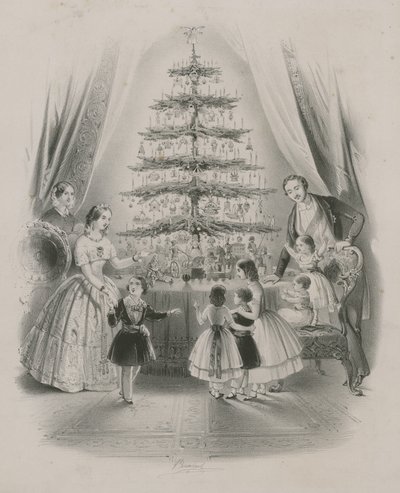 En familj som står runt en julgran av English School