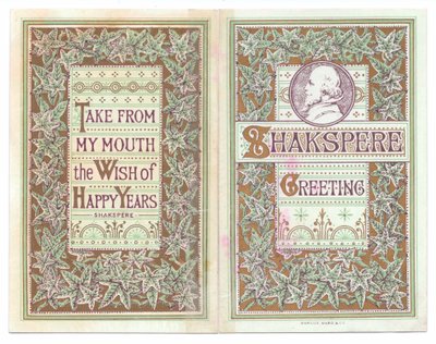 Ett viktorianskt gratulationskort på fram- och baksidan av en bild av William Shakespeare, ca 1880 (lito i färg) av English School