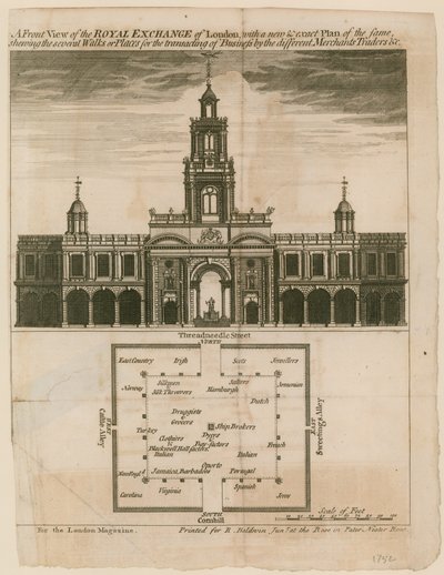 En frontvy av Royal Exchange of London med en ny och exakt plan över detsamma av English School
