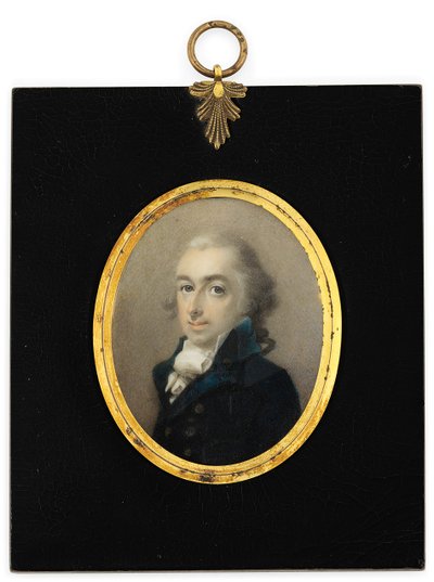 En gentleman som heter Pryce Edwards i blå rock, vit halsduk och pudrad peruk (akvarell på elfenben i eboniserad träram) av English School