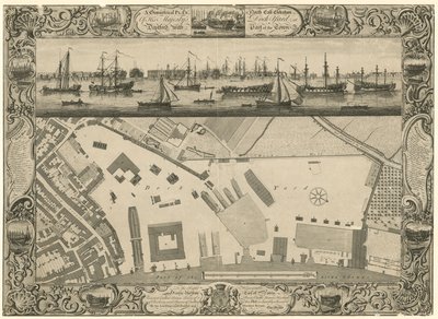 En geometrisk plan och nordöstlig höjd av His Majestys Dock Yard vid Deptford med en del av staden av English School