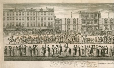 En geometrisk vy av den storslagna processionen av Scald Miserable Masons, Somerset House, London av English School