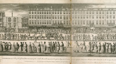En geometrisk vy av den storslagna processionen av Scald Miserable Masons, Somerset House, London av English School
