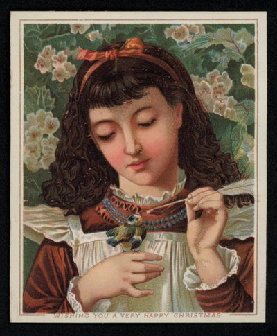 En tjej som matar en blåmes, julhälsningskort. (chromolitho) av English School