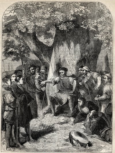 En grupp oliktänkande i Norfolk under Robert Ketts uppror 1549 - revolt i Norfolk, England under Edward VI:s regeringstid - Ket the Tanner (1492-1549) Haranguing sina anhängare under reformationens ek - gravyr från "" History of England" ”b av English School