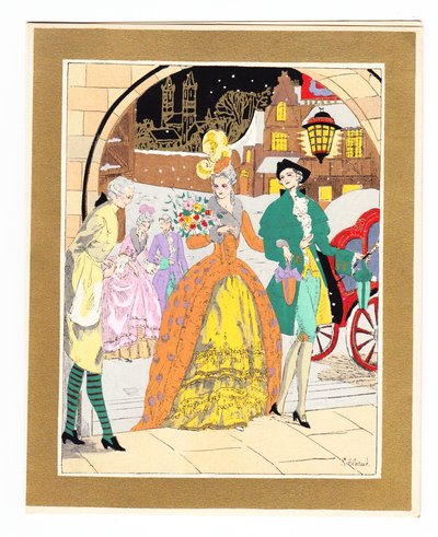 Handkolorierte französische Pochoir-Weihnachtskarte mit Darstellung eines Dieners, der ein Paar in Regency-Kleidung begrüßt, ca. 1920 von English School