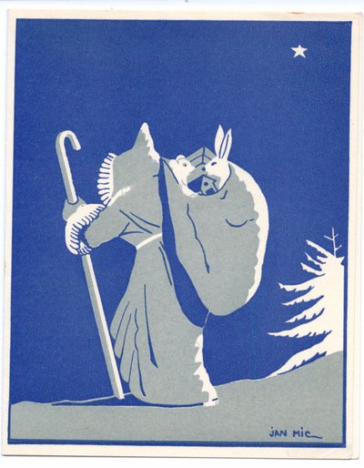Handkolorerat franskt Pochoir-julkort föreställande jultomten i silhoutte, gående med käpp, bärande på en säck med en kanin och en björn i, ca 1920 (stencil) av English School