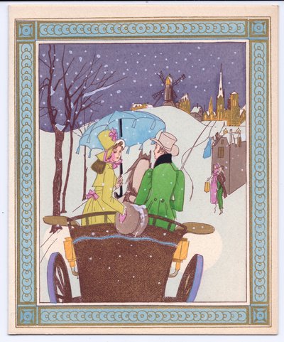 Ett handfärgat franskt Pochoir julkort av ett par Rencecy i en öppen vagn som åker genom snön, cirka 1920 av English School
