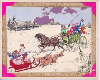 Ett handfärgat franskt Pochoir julkort av en släde med barn som dras av hundar och en häst och vagn som körs över ett snöfyllt landskap, cirka 1920 av English School