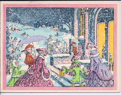 Ett handfärgat franskt Pochoir-julkort med festbesökare som anländer i snön till en herrgård, cirka 1920 av English School