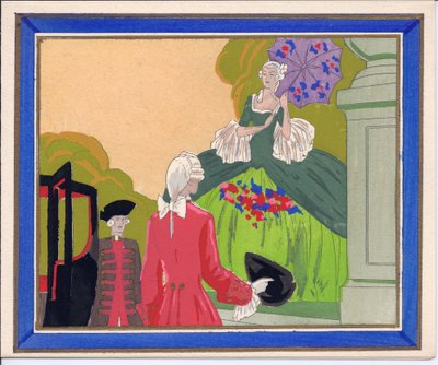 Handkolorerat franskt Pochoir-gratulationskort med en man och en betjänt som väntar på att en fin dam ska stiga in i sin vagn, ca 1920 (stencil) av English School