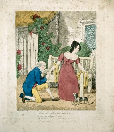 En handfärgad litografisk scen av en man som friar, c.1800 av English School