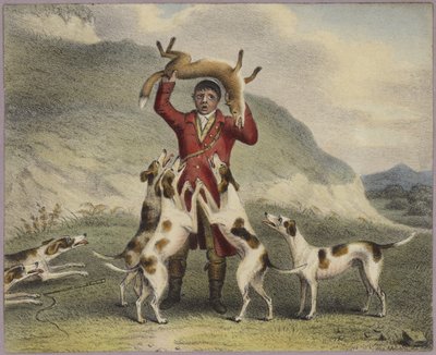 En jägare som lyfter en räv ovanför hans huvud av English School