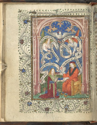 En knästående elev, kanske representerande författaren, Norton, som tar emot en bok från sin mästare, med änglar, skrivna rullar och en duva ovanför. Ordinal of Alchemy. Thomas Norton 4:e kvartalet av 1400-talet av English School