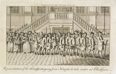 En rad kedjade fångar från Newgate Prison, Old Bailey, fördes till Blackfriars för transport, ca 1760 av English School
