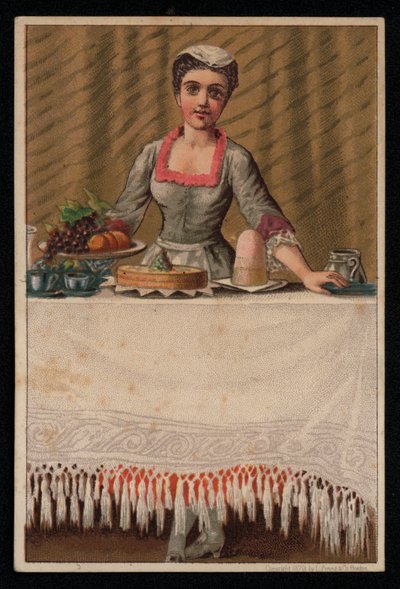En piga eller tjänstgörande flicka som lägger ett bord med mat, gratulationskort. (chromolitho) av English School