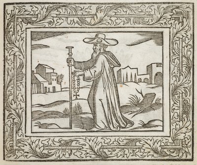 En man som håller en stav och ett krucifix, illustration från "Minerva Britanna..." av Henry Peacham den yngre av English School