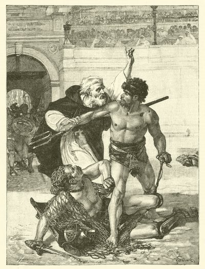 Munken Telemachos försöker stoppa gladiatorspelen på Colosseum i Rom (gravyr) av English School
