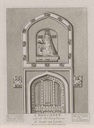 Ett monument med den gamla sakristidörren i St Mary le Savoy av English School
