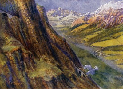 En bergsjärnväg i Schweiz (litho) av English School
