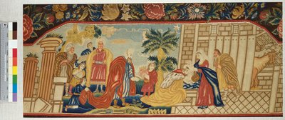 En handarbetad soffsits fint bearbetad i en tältsöm föreställande magiernas tillbedjan, ca 1730 av English School