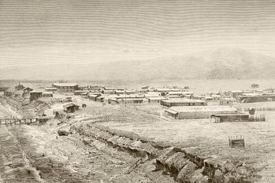 En 1800-talsöversikt över Mejillones, Chile (litho) av English School