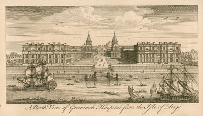 En nordlig vy av Greenwich Hospital, London, från Isle of Dogs av English School