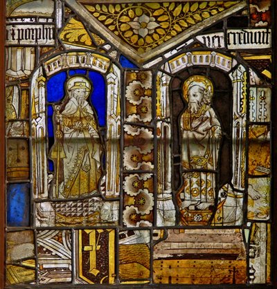 En panel i det östra fönstret som visar St James med St Paul med Gromwell-gräset ovanför av English School