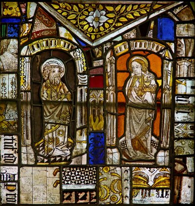 En panel i det östra fönstret föreställande St Peter och St John; ovanför dem finns Gromwell-gräset av English School