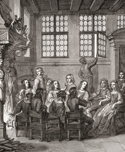 En fest på Duke of Newcastles House, frontispice till Natures Pictures av Margaret, Duchess of Newcastle, 1656, från A Short History of the English People av J. R. Green, publicerad 1893 av English School
