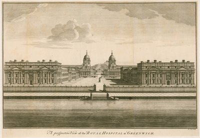 En perspektivvy av Royal Hospital i Greenwich, London av English School