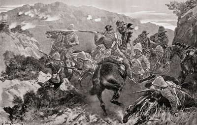 En piket av 13:e husarer överraskade nära Tugelafloden, Hussar Hill, KwaZulu-Natal-provinsen under andra boerkriget, från "Sydafrika och Transvaalkriget", av Louis Creswicke, publicerad 1900 (litho) av English School