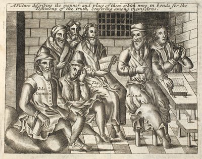 En bild som beskriver sättet och platsen för dem som var i band för sanningens vittnesbörd, konfererande sinsemellan, illustration från Acts and Monuments av John Foxe, nionde upplagan, pub. av English School