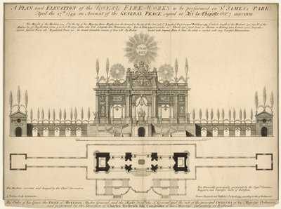 En plan och höjd av Royal Fireworks som ska framföras i St James
