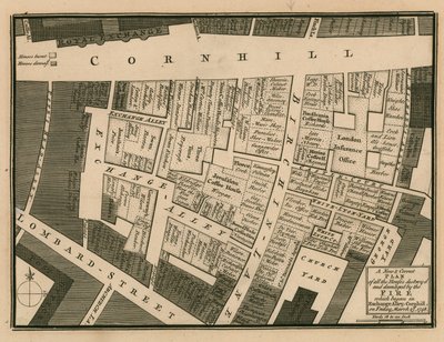 En plan över hus som förstördes i branden som började i Exchange alley, Cornhill, London, den 25 mars 1748 av English School