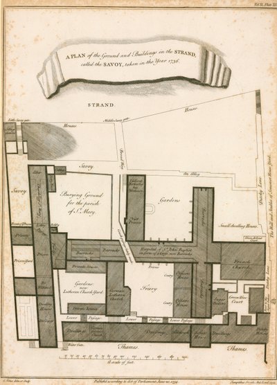 En plan över marken och byggnaderna i Stranden kallad Savojen, tagen 1736 av English School