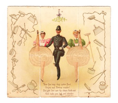 Ett pop up-kort med en polis och två kvinnor som gör en hög spark, ca 1920 (färglitografi) av English School