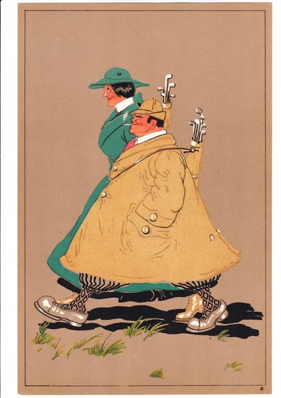 Ett tryck av två golfare i komiska och humoristiska ställningar, ca 1920 av English School