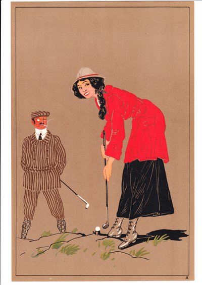 Ett tryck av två golfare i komiska och humoristiska ställningar, ca 1920 av English School