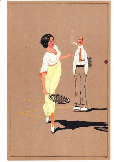 Ett tryck av två tennisspelare i komiska och humoristiska ställningar, c.1920 av English School