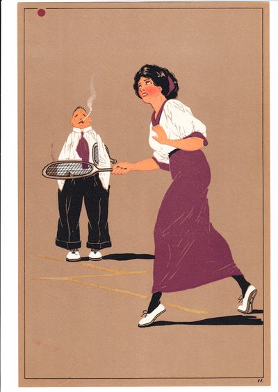 Ett tryck av två tennisspelare i komiska och humoristiska ställningar, c.1920 av English School